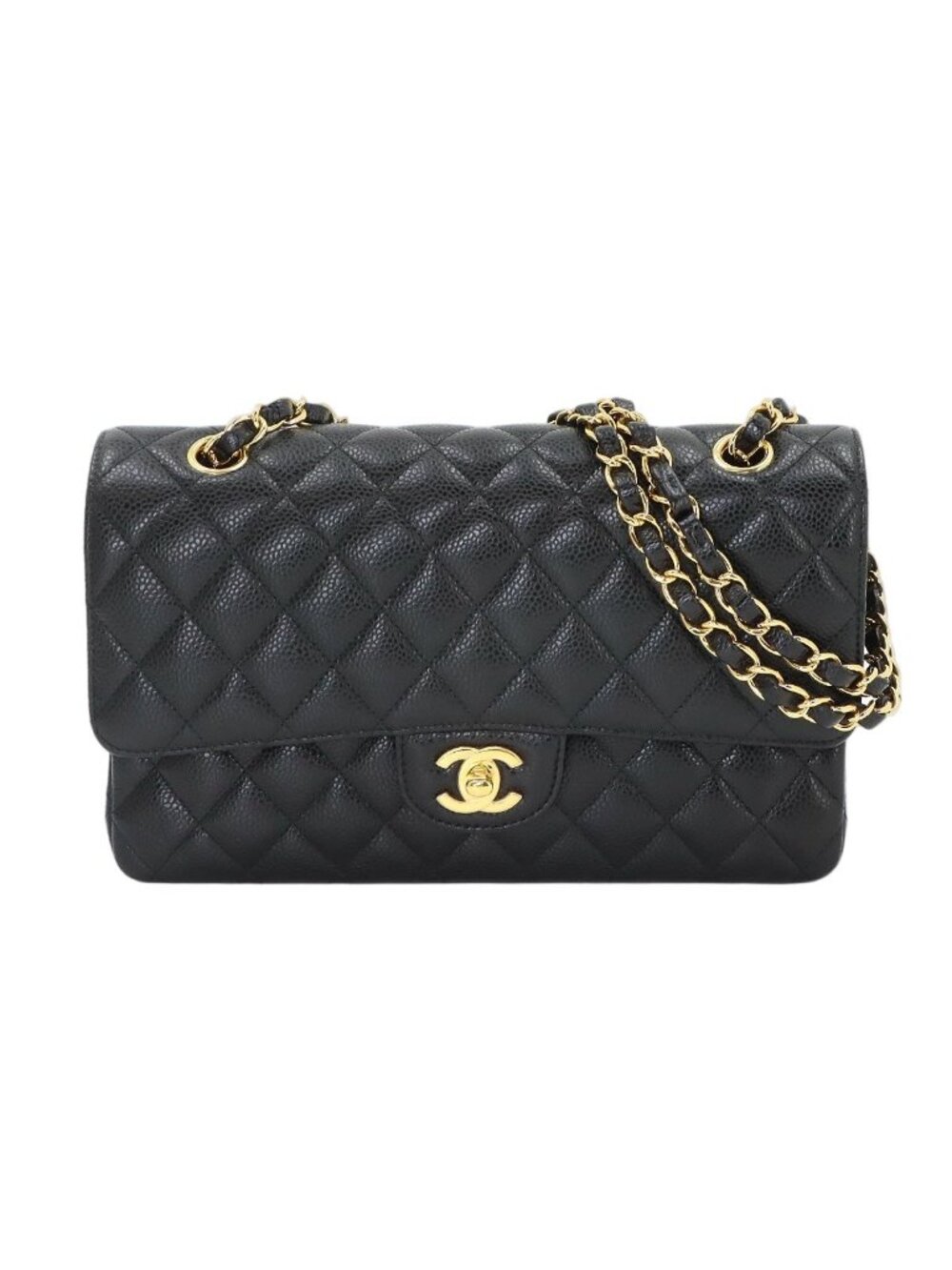 Chanel Quilted 25 Chain Shoulder Bag Caviar Leather Black Gold